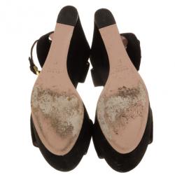 Pre Owned Gucci Black Suede Horsebit Platform Ankle Strap Wedges Size 37