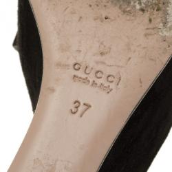 Pre Owned Gucci Black Suede Horsebit Platform Ankle Strap Wedges Size 37