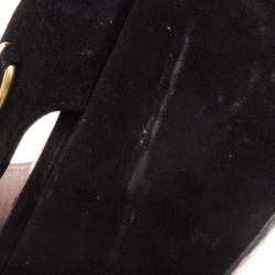 Pre Owned Gucci Black Suede Horsebit Platform Ankle Strap Wedges Size 37