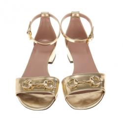مملوكة مسبقًا Gucci Gold Horsebit Detail Ankle Strap Sandals Size 36.5