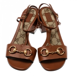 Pre Owned صندل غوتشي سيور T تفاصيل هورسبيت جلد بني مقاس 36