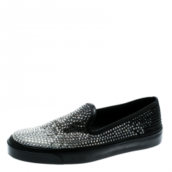 Gucci Black Satin/ Silver Crystal Strass Slip-on Sneakers Size 37.5
