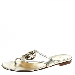 Pre Owned Gucci Metallic Gold Leather GG logo Thong Slipper Size 37 