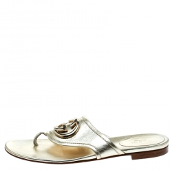 Pre Owned Gucci Metallic Gold Leather GG logo Thong Slipper Size 37 