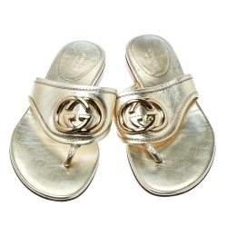 Pre Owned Gucci Metallic Gold Leather GG logo Thong Slipper Size 37 