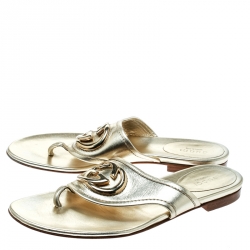 Pre Owned Gucci Metallic Gold Leather GG logo Thong Slipper Size 37 