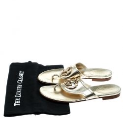 Pre Owned Gucci Metallic Gold Leather GG logo Thong Slipper Size 37 