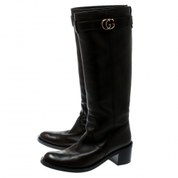 Pre Owned Gucci  Black Leather GG Running Riding Knee Boots Size 40