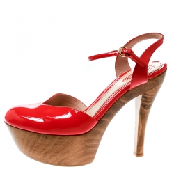 Pre Owned Gucci Red Patent Leather Platform Ankle Strap Sandals Size 38