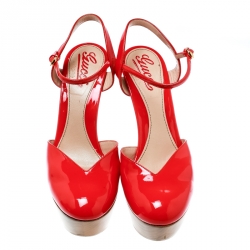 Pre Owned Gucci Red Patent Leather Platform Ankle Strap Sandals Size 38