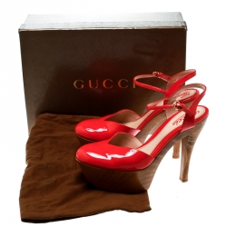 Pre Owned Gucci Red Patent Leather Platform Ankle Strap Sandals Size 38