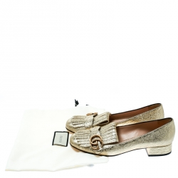 مملوكة مسبقًا Gucci Metallic Gold Foil Leather GG Marmont Fringe Detail Block Heel Pumps Size 38.5