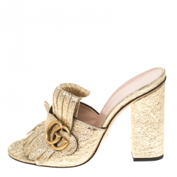 مملوكة مسبقًا Gucci Metallic Gold Foil Leather GG Marmont Fringe Mules Size 37.5