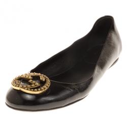 Pre Owned Gucci Black Patent GG Studded Ballet Flats Size 38