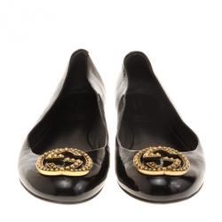Pre Owned Gucci Black Patent GG Studded Ballet Flats Size 38