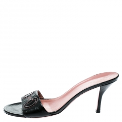 Pre Owned Gucci Black Leather Slide Sandals Size 39.5