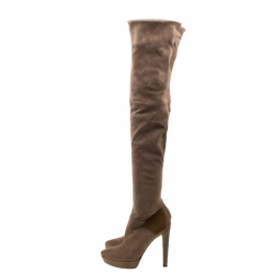 Pre Owned Gucci Beige Suede And Patent Leather Karen Over the Knee Platform Boots Size 39.5