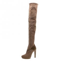 Pre Owned Gucci Beige Suede And Patent Leather Karen Over the Knee Platform Boots Size 39.5