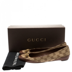 مملوكة مسبقًا حذاء فلات باليه غوتشي هورسبيت حواف جلد بنية وكانفاس GG بيج مقاس 38