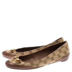 مملوكة مسبقًا حذاء فلات باليه غوتشي هورسبيت حواف جلد بنية وكانفاس GG بيج مقاس 38