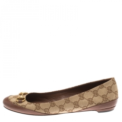 مملوكة مسبقًا حذاء فلات باليه غوتشي هورسبيت حواف جلد بنية وكانفاس GG بيج مقاس 38