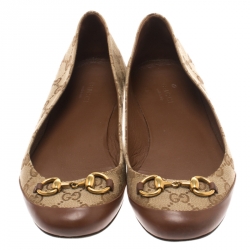 مملوكة مسبقًا حذاء فلات باليه غوتشي هورسبيت حواف جلد بنية وكانفاس GG بيج مقاس 38