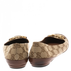 مملوكة مسبقًا حذاء فلات باليه غوتشي هورسبيت حواف جلد بنية وكانفاس GG بيج مقاس 38