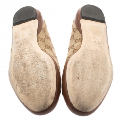 مملوكة مسبقًا حذاء فلات باليه غوتشي هورسبيت حواف جلد بنية وكانفاس GG بيج مقاس 38