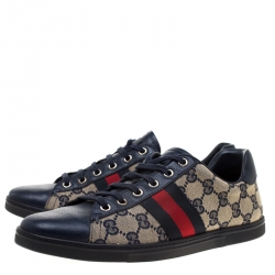 مملوكة مسبقًا حذاء رياضي غوتشي تفاصيل ويب جلد أزرق وكانفاس غوتشيسيما بيج مقاس 38