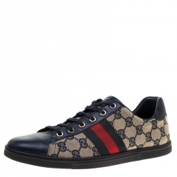 مملوكة مسبقًا حذاء رياضي غوتشي تفاصيل ويب جلد أزرق وكانفاس غوتشيسيما بيج مقاس 38