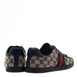 مملوكة مسبقًا حذاء رياضي غوتشي تفاصيل ويب جلد أزرق وكانفاس غوتشيسيما بيج مقاس 38