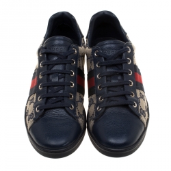 مملوكة مسبقًا حذاء رياضي غوتشي تفاصيل ويب جلد أزرق وكانفاس غوتشيسيما بيج مقاس 38