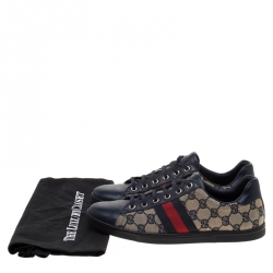 مملوكة مسبقًا حذاء رياضي غوتشي تفاصيل ويب جلد أزرق وكانفاس غوتشيسيما بيج مقاس 38