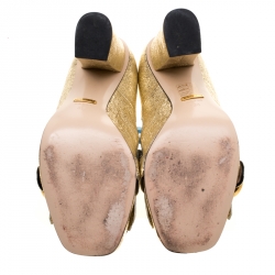Pre Owned Gucci Metallic Gold Foil Leather GG Marmont Fringe Detail Block Heel Pumps Size 38