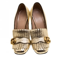 Pre Owned Gucci Metallic Gold Foil Leather GG Marmont Fringe Detail Block Heel Pumps Size 38