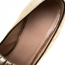 Pre Owned Gucci Metallic Gold Foil Leather GG Marmont Fringe Detail Block Heel Pumps Size 38