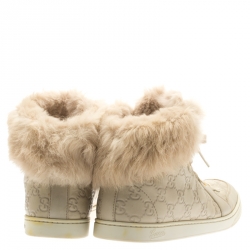 Gucci Beige Guccissima Leather Cada Fur Trim High Top Sneakers Size 39