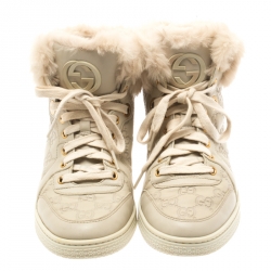 Gucci Beige Guccissima Leather Cada Fur Trim High Top Sneakers Size 39