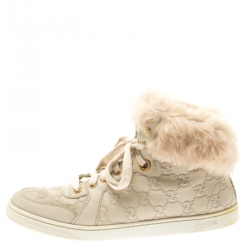 Gucci Beige Guccissima Leather Cada Fur Trim High Top Sneakers Size 39