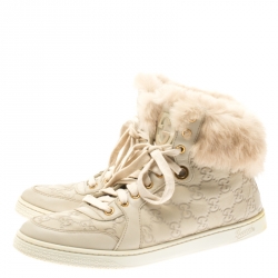 Gucci Beige Guccissima Leather Cada Fur Trim High Top Sneakers Size 39