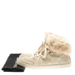 Gucci Beige Guccissima Leather Cada Fur Trim High Top Sneakers Size 39