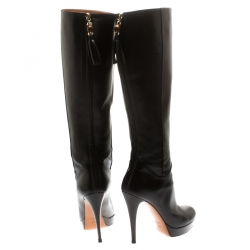 Pre Owned Gucci Black Leather Bamboo Tassel Knee Length Platform Boots Size 38.5 