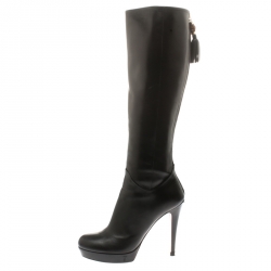 Pre Owned Gucci Black Leather Bamboo Tassel Knee Length Platform Boots Size 38.5 