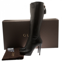 Pre Owned Gucci Black Leather Bamboo Tassel Knee Length Platform Boots Size 38.5 