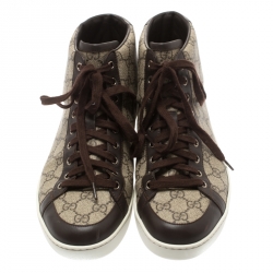 Gucci Beige GG Supreme Canvas And Brown Leather Trim High Top Sneaker Size 43