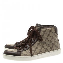 Gucci Beige GG Supreme Canvas And Brown Leather Trim High Top Sneaker Size 43