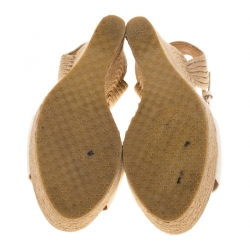 Pre Owned Gucci White Leather Horsebit T-Strap Espadrille Wedge Sandals Size 37