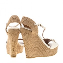 Pre Owned Gucci White Leather Horsebit T-Strap Espadrille Wedge Sandals Size 37
