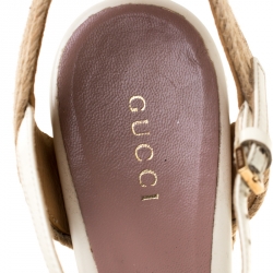 Pre Owned Gucci White Leather Horsebit T-Strap Espadrille Wedge Sandals Size 37