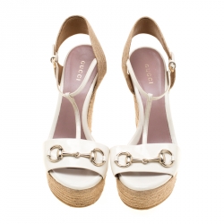 Pre Owned Gucci White Leather Horsebit T-Strap Espadrille Wedge Sandals Size 37